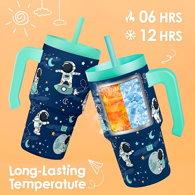 Astronaut Tumbler 20oz with Handle and Silicone Straw Lid for Kid, Insulated Stainless Steel Cup, Gift for Kids Boys, Gifts Idea for Birthday Christmas Back to School - Bloomnest
