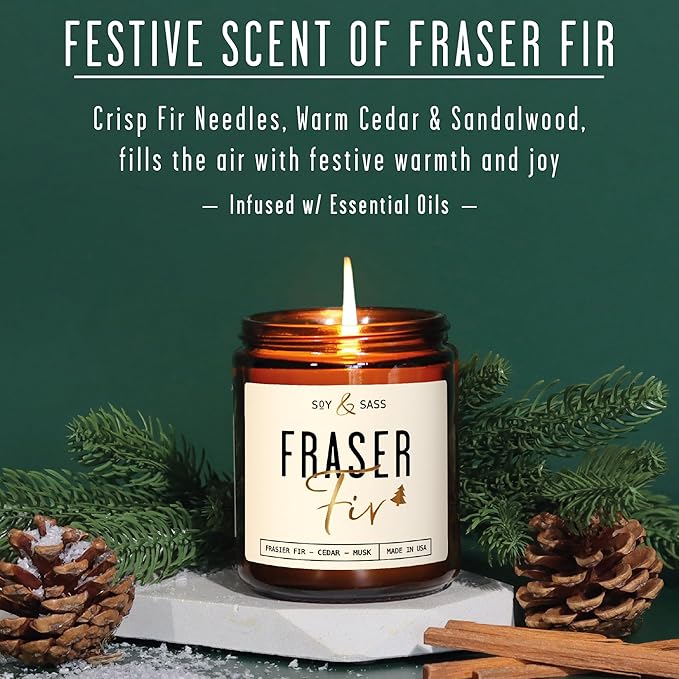 Fraser Fir Candles - Christmas Candles - 'Fraser Fir' w/Balsam Fir Cedar & Sandalwood Evergreen Tree Scent I Winter Evergreen Candle I Stocking Stuffers for Women I 9oz, 50Hr, USA Made - Bloomnest