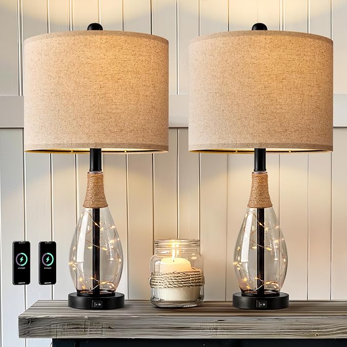 OYEARS 23" Table Lamps for Living Room Set of 2 Bedside Lamps for Night Stands Bedroom Lamps Farmhouse Rattan Boho Lamp Glass Nightlight End Table Lamp with USB C+A (Black),Two Light Points - Bloomnest