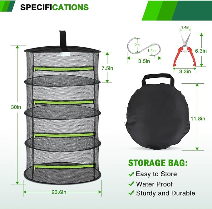 Yesker 4 Layer Herb Drying Rack Hanging Mesh Net Foldable Plant Drying Racks 24" w Green Zipper Pruning Shears Hook Dryer Hanging Rack for Herbs Seed Bud Fruit Clothes Grow Tent Closets Garden Outdoor - Bloomnest