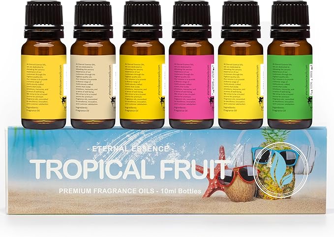 Eternal Essence Oils Tropical Fruit Set of 6 Premium Fragrance Oils - Includes Mango, Coconut Cream, Pineapple, Passion Fruit & Guava, Banana and Portuguese Pomelo Scented Oils - 10ML - Bloomnest
