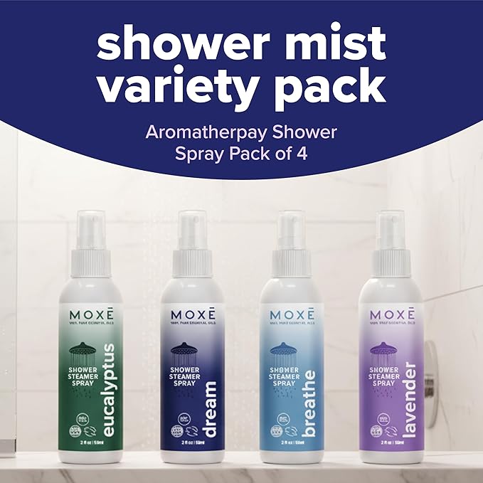 MOXE Aromatherapy Shower Mist Variety Pack, Eucalyptus, Lavender, Breathe and Dream, Spa Steam Spray, Natural 100% Essential Oils, Made in USA, Aromatherapy, Sinus Congestion Relief, 4 Pack (8oz) - Bloomnest