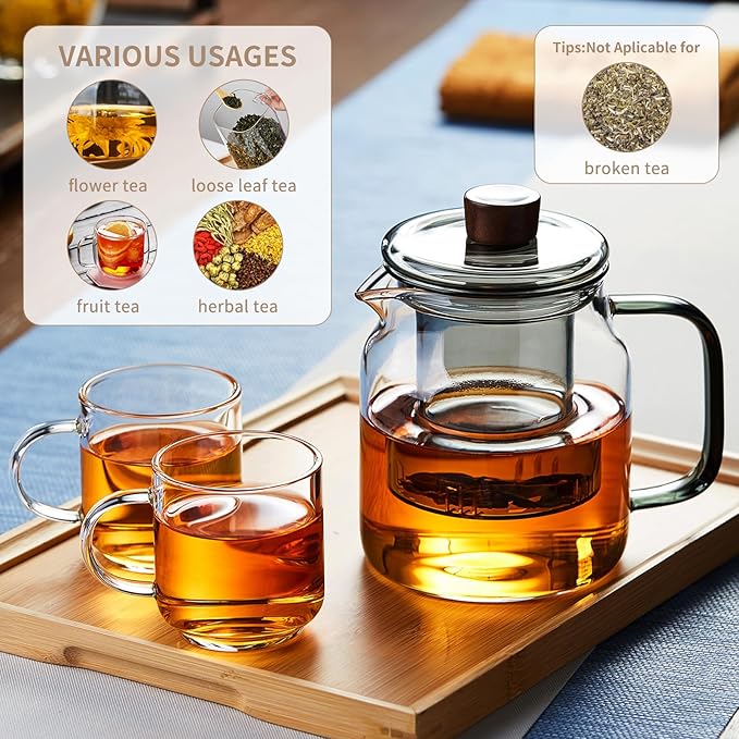 34OZ Glass Teapot with Infuser 1000ML, Borosilicate Glass Tea Pot with Detachable Glass Tea Kettle Tea Infuser, Loose Leaf, Blooming Tea - Bloomnest