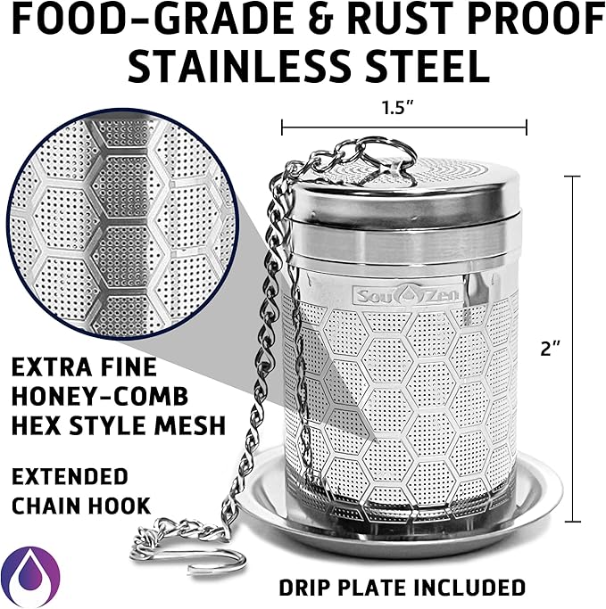 Sou Zen Tea Infuser (2 Pack & Teaspoon Scoop) | Extra Fine Hex Mesh Loose Leaf Tea Strainers | 304 Stainless Steel Tea Steeper with Extended Chain Hook | Perfect for Brewing Loose Tea, Herbs & Spices - Bloomnest