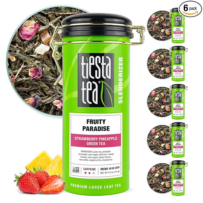 Tiesta Tea - Fruity Paradise, Loose Leaf, Strawberry Pineapple Green Tea, Premium Medium Caffeinated Green Blend, Make Hot or Iced, Brews Up to 50 Cups, 24oz Refillable Tin, Pack of 6 - Bloomnest