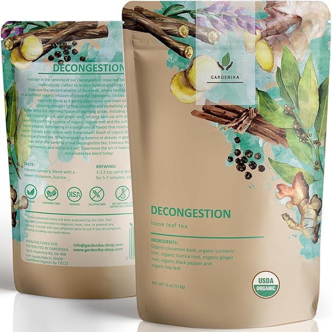 Gardenika Organic Decongest Loose Leaf Tea, Herbal, Caffeine-Free, KSA Kosher, Ayurvedic Blend with Turmeric, Cinnamon, Liquorice, Ginger Root – 4oz (1 Pack) - Bloomnest