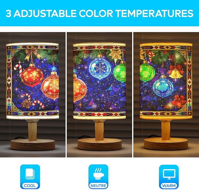 Ornament Xmas Table Lamp LED 3-Color Pressed Bedside for Merry Christmas, Ornament Xmas Shade Christmas Table Lamp with Wood Base for Bedroom Living Room Desk Office - Bloomnest