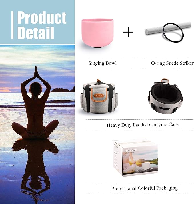 RYAN DVAN 8” F Note Pink Frosted Heart Chakra Crystal Singing Bowl with Free Heavy-Duty Carrying Case and Suede Striker O-Ring - Bloomnest