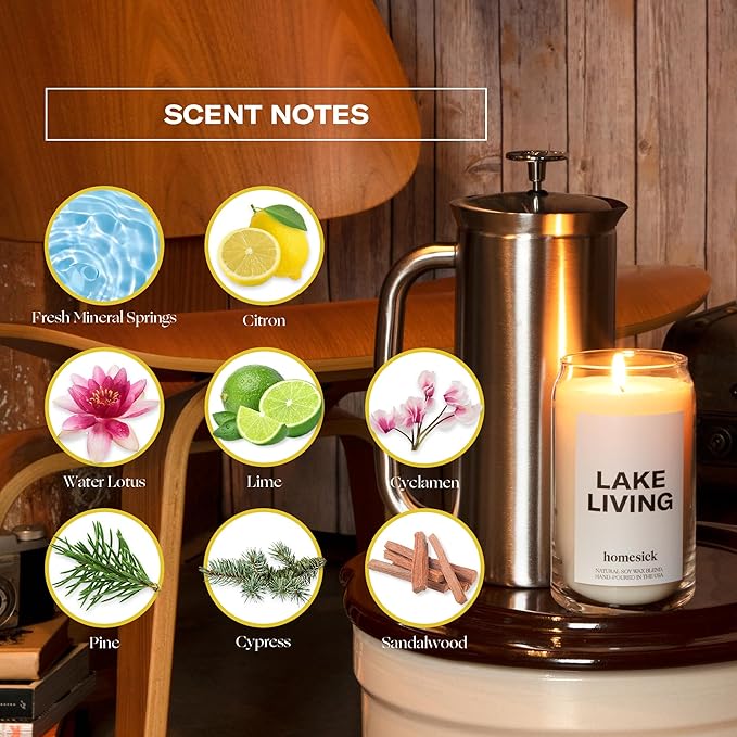 Homesick Scented Candles for Home (Lake Living) - 13.75 oz Long-Lasting Soy Wax Blend Jar Candle Gifts for Women & Men, 60-80 Hours Burn Time - Notes of Fresh Mineral Springs, Water Lotus & Pine - Bloomnest