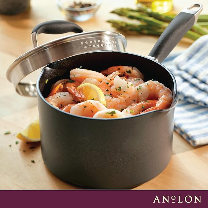 Anolon Advanced Home Hard Anodized Nonstick Sauce Pan/Saucepan with Straining and Lid, 2 Quart (2 Qt Straining Saucepan, Moonstone) - Bloomnest