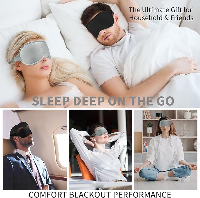 3D Sleep Mask for Men Women 2 Pack, Blackout Eye Mask for Sleeping Eye Mask for Side Sleeper, Memory Foam Adjustable&Washable, Airplane Travel Essentials Couples Yoga Meditation Black & Silver-Gray - Bloomnest