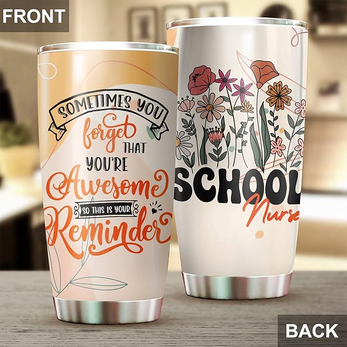 School Nurse Tumbler 20oz Stainless Steel - Funny Appreciation Gifts for Birthday, Christmas, Nurses Day - Coffee Cup for Women Men - Bloomnest