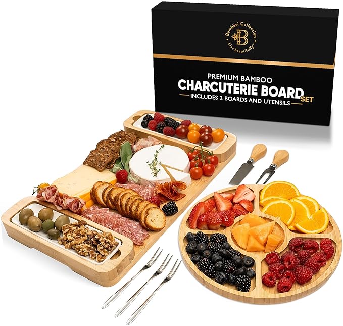 Charcuterie Board Gift Set - Bamboo Cheese Board & Serving Tray for Meat, Cheese, Crackers, and Fruit - Large Wooden Charcuterie Boards for Parties - Wedding, Housewarming, for Women - Bloomnest