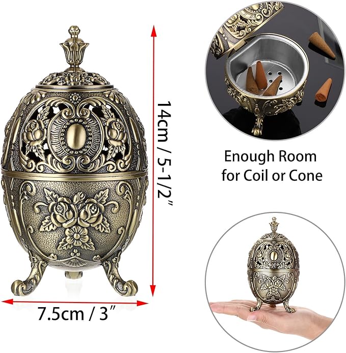 JUXYES Vintage Incense Burner Holder with Removable Ash Catchers, Metal Censer Antique Cone Coil Incense Burner Holder Zinc Alloy Spiritual Aromatherapy Yoga Meditation Gifts Retro Home Decoration - Bloomnest