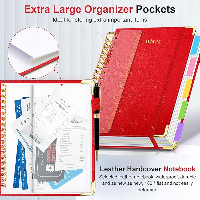 Hardcover Spiral Notebook 8.5"x11" Journal Notebook with Tabs and Removable Dividers 300 Pages 5 Subject Notebook College Ruled, Faux Leather Spiral Bound Notebook for Women School Work(Red) - Bloomnest