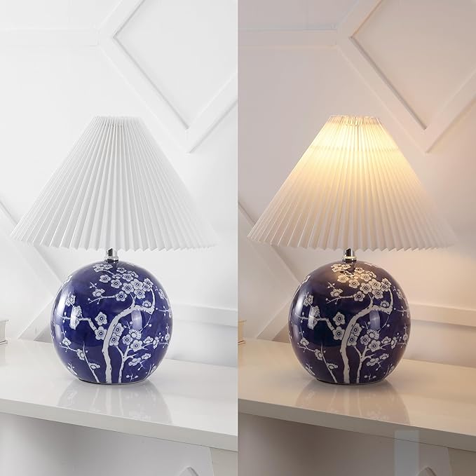 JONATHAN Y JYL5056C Shishen 19.5" Cottage Classic Chinoiserie Ceramic Orb LED Table Lamp with Pleated Shade, Navy/White for Bedroom, Living Room, Kitchen, Home Office, Kids Room - Bloomnest