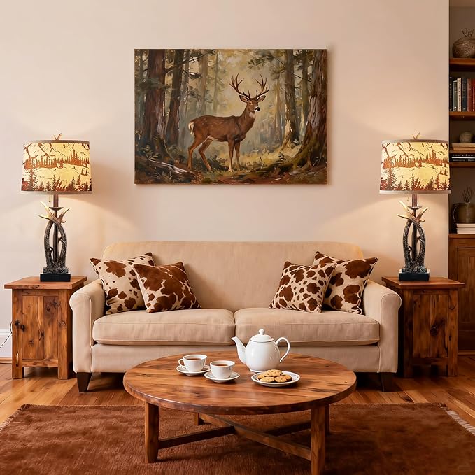 Rustic Farmhouse Antler Table Lamp Set of 2 with USB A+C Ports & AC Outlet Linen Fabric Deer Print Round Shade 27" Bedside Lamp for Living Room Bedroom Cabin Lodge Décor, Pull Chain Deer Antler Lamp - Bloomnest