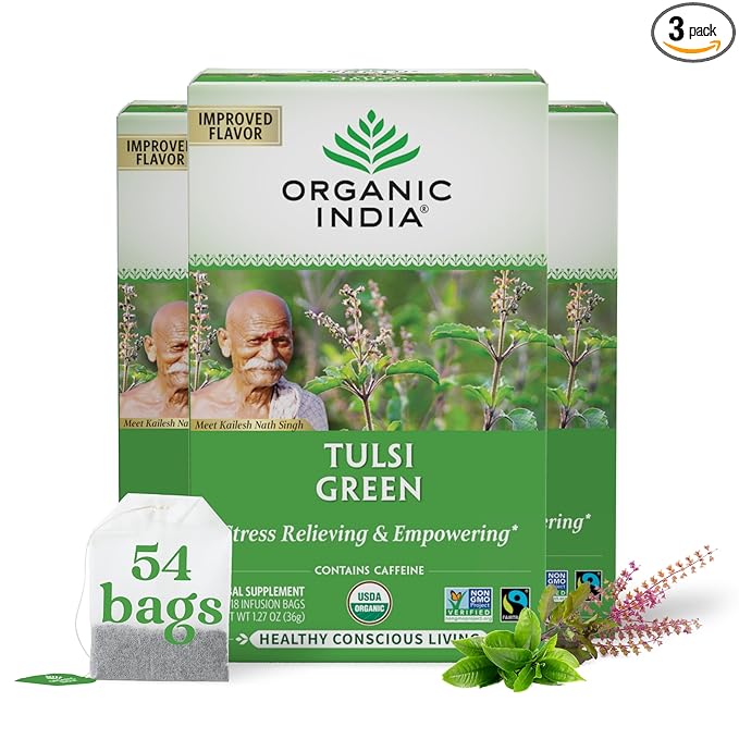 ORGANIC INDIA Tulsi Green Tea Bags - Holy Basil Tea, African Basil, Stress Relieving, Immune Support, USDA Certified Organic, Premium Darjeeling Green Tea, Caffeinated - 18 Infusion Bags, 3 Pack - Bloomnest