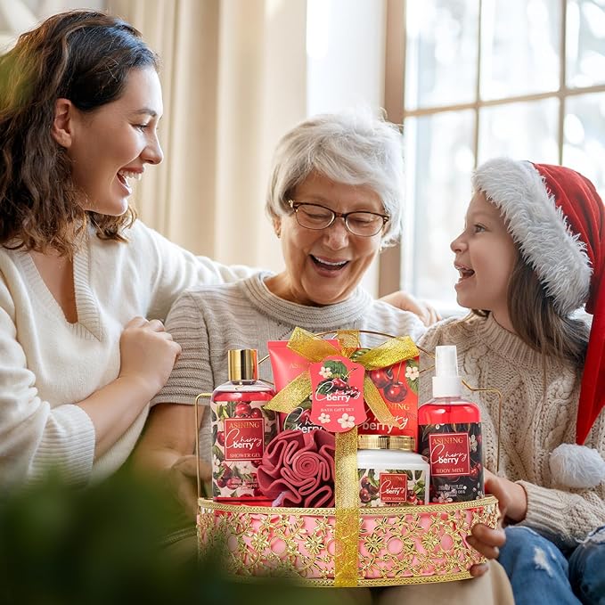 Bath & Body Basket Set, Cherry Fruit Scent Spa Gift Basket with Shower Gel, Lotions for Women Gift Set, Spa Kits for Christmas Valentine's Birthday Gift All Occasion Holiday Gift Idea Luxury Bath Set