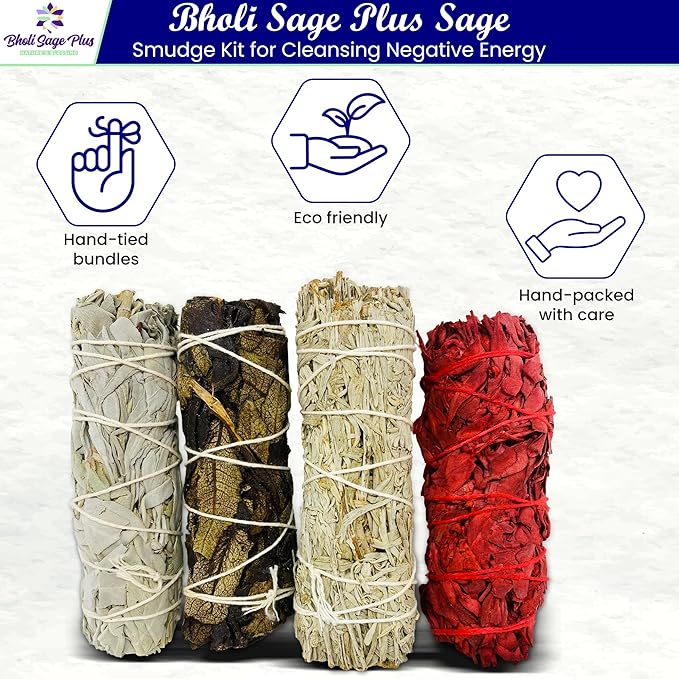 Sage Starter Kit for Cleansing Negative Energy. Variety Pack of 4 which Includes White, Black, Blue and Red Sage (Dragon Blood) - Bloomnest
