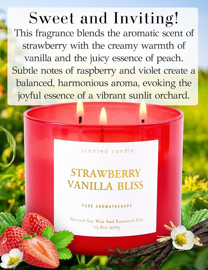 Strawberry Vanilla Aromatherapy Candle - Large 3 Wick Soy Scented Candle 15.8 oz - Relaxing Vanilla Candle for Home & Stress Relief - Long Lasting Natural Candles Gift for Women & Men - Clean Burning - Bloomnest
