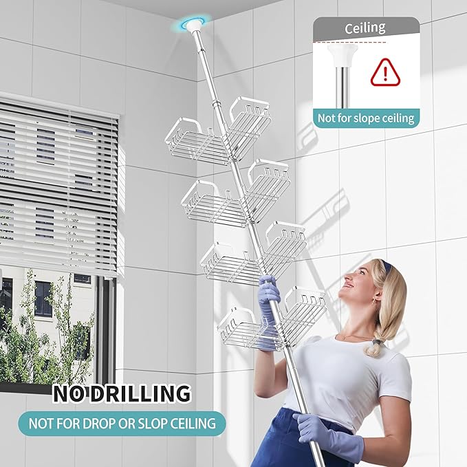 KEGII Shower Caddy Tension Pole – Corner Rustproof Bathroom Organizer with Soap Holder & Hooks, No-Drill Adjustable Shower Shelf for Renters for Families & Renters, 25-114.2 Inch, Silver - Bloomnest