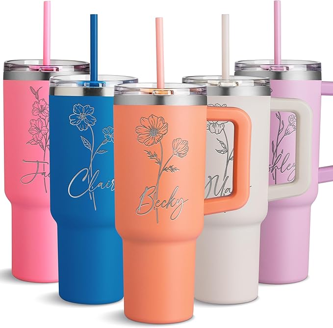Custom Name and Birth Month Flower Tumbler - 40 Oz Insulated Stainless Steel Mug with Handle and Straw - Birthday Gifts for Women, Nectarine - Bloomnest
