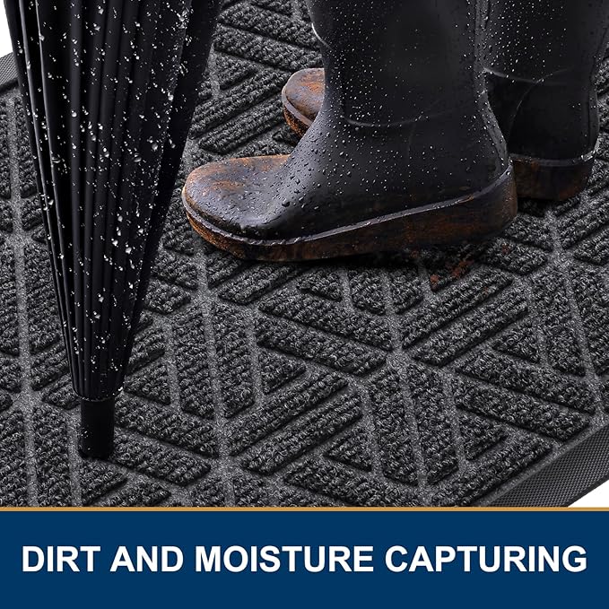 Smiry Front Door Mat Outside Entrance, Heavy Duty Sturdy Natural Rubber Doormat, Trap Dirt and Moisture, Easy Clean Low Profile Mats for Indoor Outdoor Entry, Grid Geometric (71x47, Grey) - Bloomnest