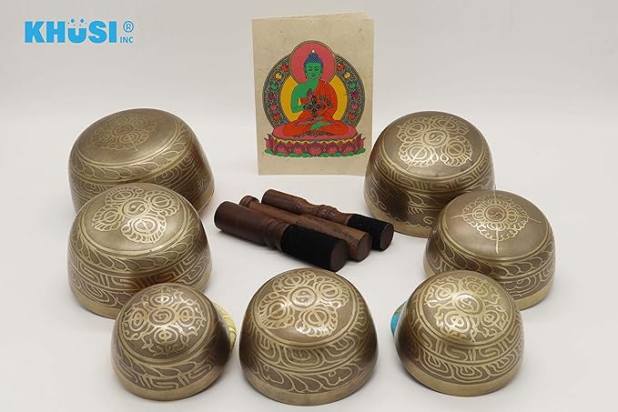 Singing Bowl Set of 7, Thadobati Design Himalayan Sound Bowl, Handcrafted, Hand hammered, Comes w/silk cushions, 3 sticks, Buddhist card, Brocade Box Ideal for Meditation, Yoga, Mindfulness Healing - Bloomnest