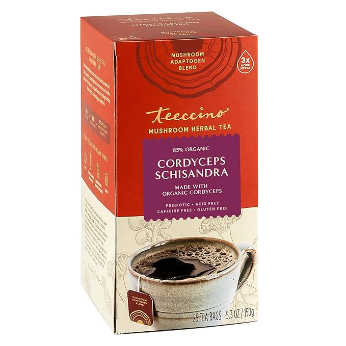 Teeccino Cordyceps Schisandra Tea - Cinnamon Berry - Caffeine Free Mushroom Adaptogenic Herbal Tea, 3x More Herbs Than Regular Tea Bags, Naturally Sweet, Gluten Free, Prebiotic - 25 Tea Bags - Bloomnest