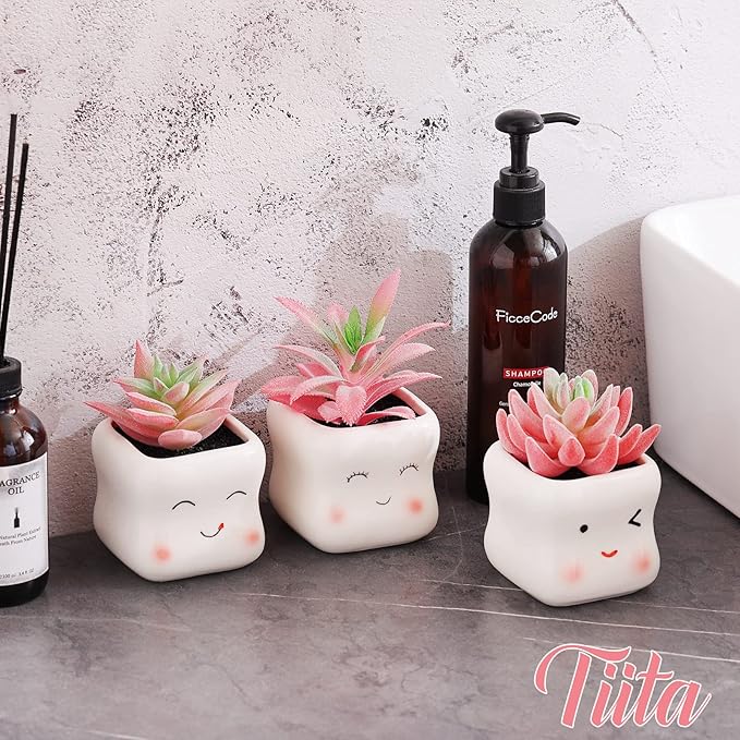 Tiita Cute Artificial Faux Succulents in Pots, Pink Fake Plants Ceramic Arrangement Planter Small Mini Tiny Decoration for Home Office Accessories Women Desk Window Sill Bathroom Bedroom - Bloomnest