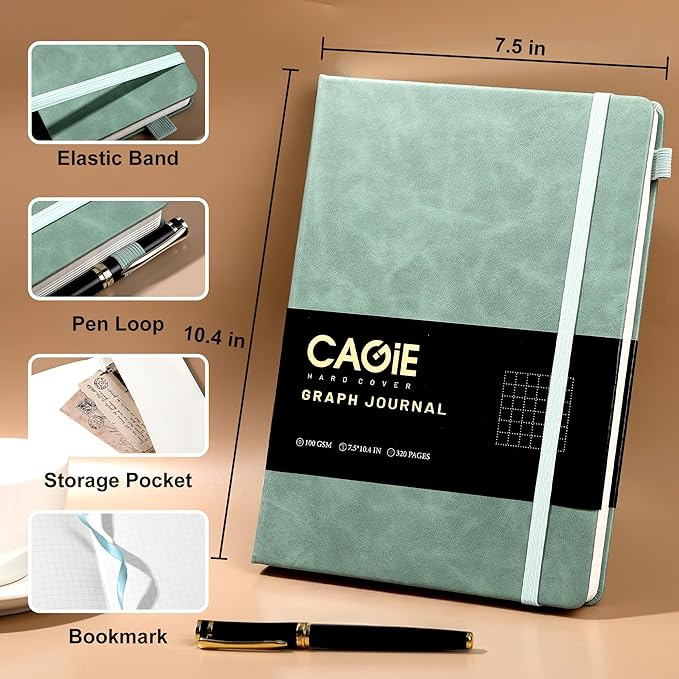 CAGIE Graph Notebook 320 Pages 100 GSM Paper Graphing Grid Journal B5 Hardcover Leather Quad Ruled Notebooks for Engineering, Math, Work, Green - Bloomnest