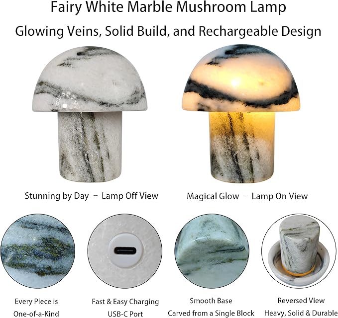 Handcrafted Natural Stone Mushroom Lamp - Rechargeable Bedside LED Night Light with Type-C Port, Unique Marble Table Lamp for Modern Interiors - Bloomnest