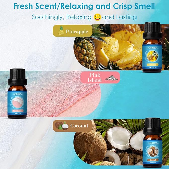 SALUBRITO Summer Fragrance Oils Set, Premium Essential Oils Set for Diffuser, Candle, Soap Making, Fresh Cotton, Coconut, Mojito, Pineapple, Ocean Breeze, Pink Island, Strong Scented Oils - Bloomnest