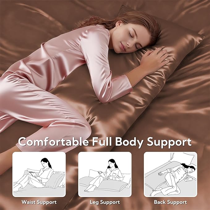 MR&HM Satin Body Pillow Cover, Soft and Breathable Body Pillow Case with Envelope Closure, Cooling and Silky Long Pillowcase for Hair and Skin,Grey (20x54, Mocha Mousse) - Bloomnest