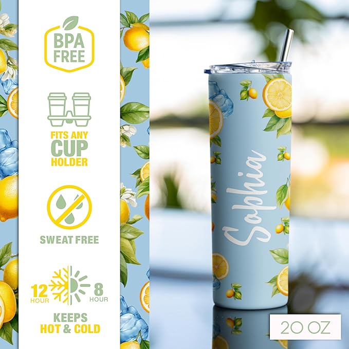 Personalized 20 Oz Skinny Tumbler - Custom Name Skinny Tumbler with Summer Design, BPA-Free Stainless Steel, 6 Designs - Customized Summer Gift - Bloomnest