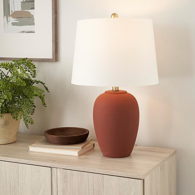 Nourison Home 23" Rust Orange Ceramic Pot Table Lamp for Bedroom, Living Room, Dining Office, with White Tapered Drum Shade - Bloomnest