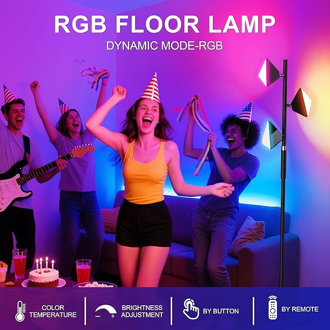 PARTPHONER RGB Tree Floor Lamp for Living Room, Stepless Dimmable Tall Standing Lamp with Remote, Touch Control and 3 Rotatable Light, Bright LED Lights for Bedroom with 4 Color-Changing, Black - Bloomnest