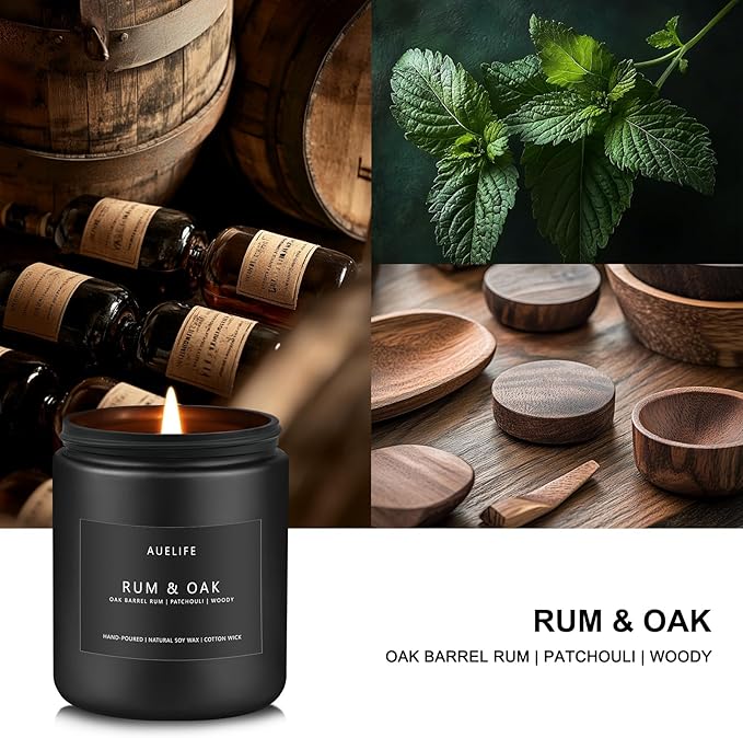 Rum & Oak Candle | Candles for Men, Gifts for Men - Masculine Scent - Soy Candles for Home Scented - Scented Candle for Home, Aromatherapy Candle for Bedroom - 7oz Black Jar - Bloomnest