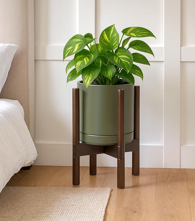 D'vine Dev Ceramic Planter with Walnut Color Stand - 8 Inch Modern Round Flower Pot with Wood Planter Holder, Olive, 55-B-Y-J - Bloomnest