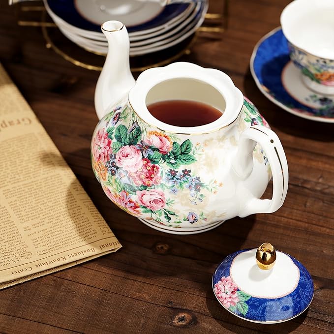 fanquare 21-Piece Blue Lace Porcelain Tea Set, China Coffee Cup and Saucer Set for 6, Pink Flower Tea Sets for Adults Women - Bloomnest