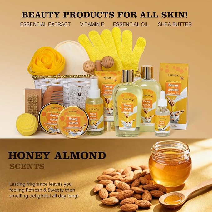 Gifts for Women Gift Basket for Women - 17 Pc Honey Almond Scented Home Bath Pampering Package Spa Bath & Body Gift Set, Luxury Home Spa Bath Gift Basket, Pamper Gifts for Woman & Teens