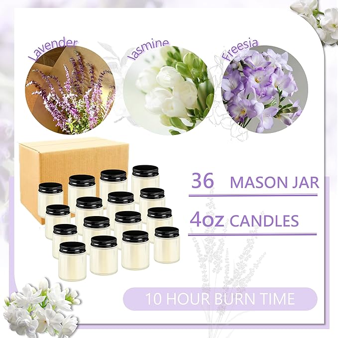 ACITHGL 36 Pcs 4oz Mini Mason Jar Candles Small Scented Candles Bulk Aromatherapy Ideal Souvenir Favors for Wedding Birthday Party (Freesia, Lavender, Jasmine, Black) - Bloomnest