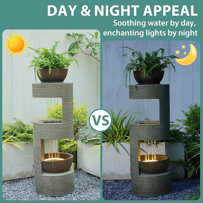 38" Outdoor Water Fountain with Waterfall & LED Lights Freestanding Garden Water Fountain for Patio/Backyard Resin Tiered Fountains with Pump, Brown - Bloomnest