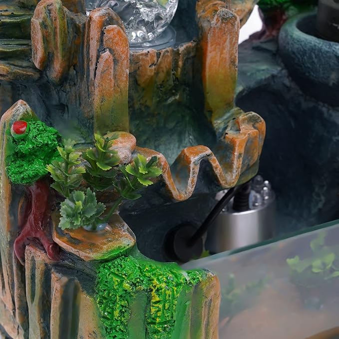 Fountains Waterfall Décoration,Indoor Relaxation Desktop Fountain Waterfall,Atomizing Humidifier,Desktop Fountain Waterfall with Rockery,Plant,Tabletop Fountain LED Waterfall for Home Office Desk