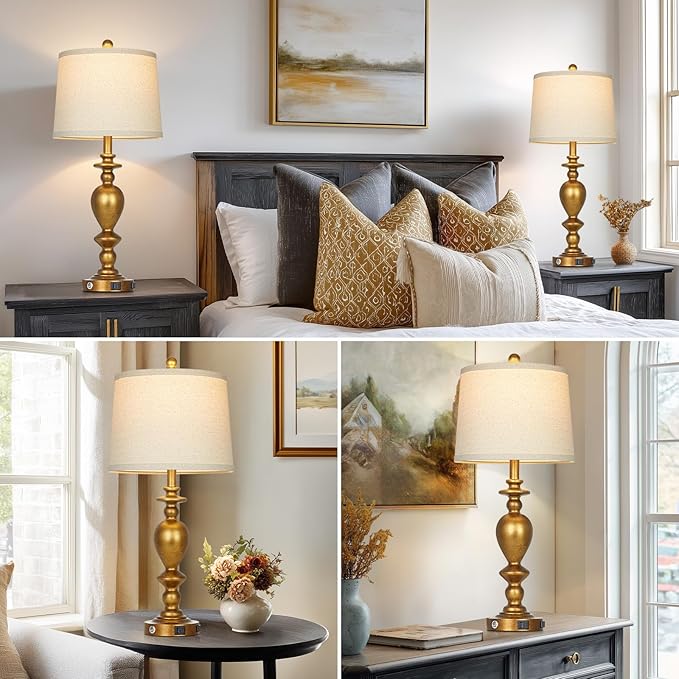 28" Farmhouse Table Lamps Set of 2 with USB C+A Ports & AC Outlet for Vintage Living Room Retro Bedroom,3-Way Dimmable Touch Lamp Resin Bedside Lamps for Nightstand Side End Table, Brass - Bloomnest