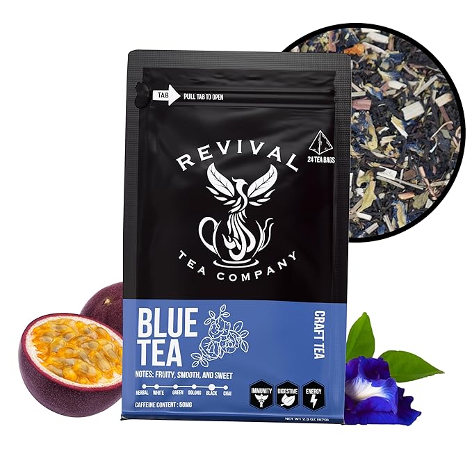 Revival Tea Company Blue Tea - Butterfly Pea Flower and Black Tea Blended with Other Herbal Tea Flavors - Loose Leaf 6 Ounces` - Bloomnest