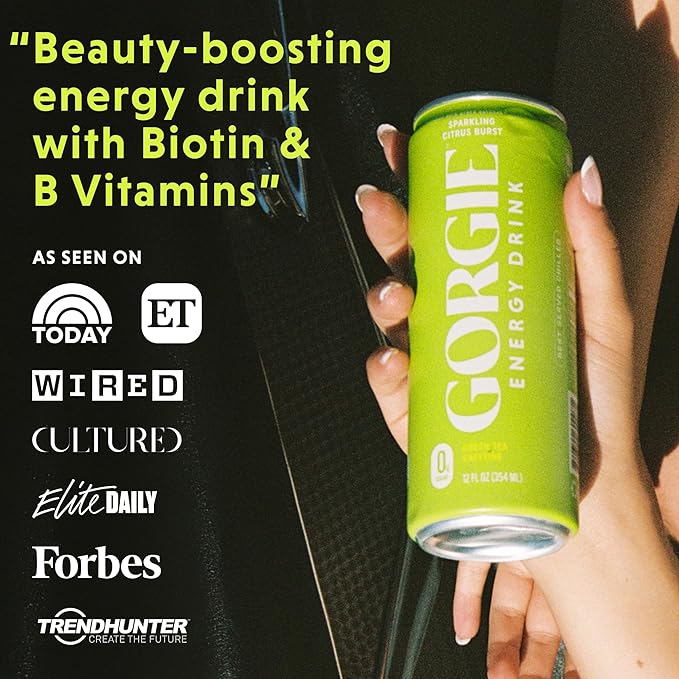 GORGIE Sugar Free Natural Energy Drinks, Sparkling Citrus Burst (12 Pack) - Healthy Energy Drinks - Natural Coffee Replacement with Green Tea Caffeine and Biotin - 150mg Caffeine, Vegan, & Low Calorie - Bloomnest
