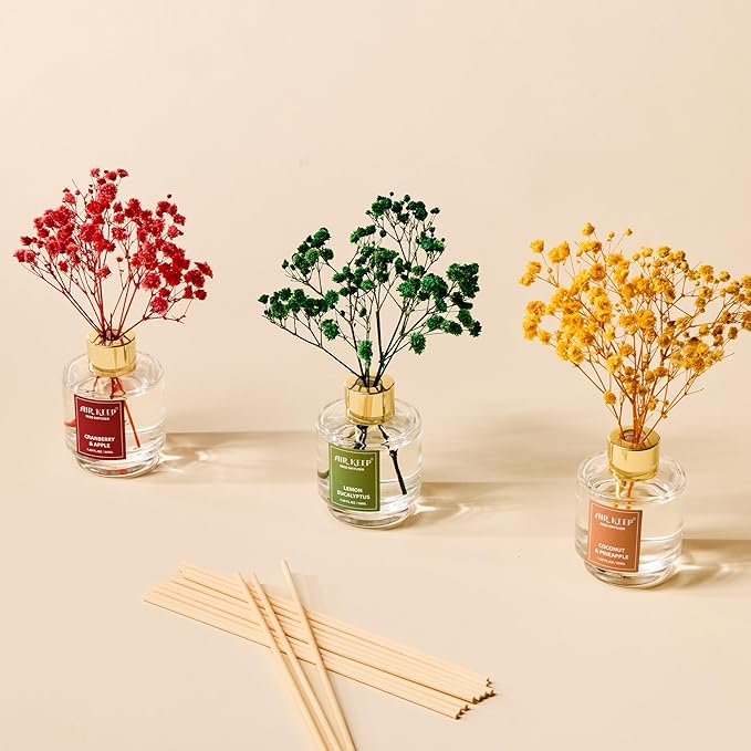 Airkeep Reed Diffuser Set of 3, Coconut Pineapple Lemon Eucalyptus Cranberry Apple Oil Reed Diffusers for Bedroom Living Room Office Aromatherapy Oil Reed Diffuser for Gift 50ml x 3 - Bloomnest