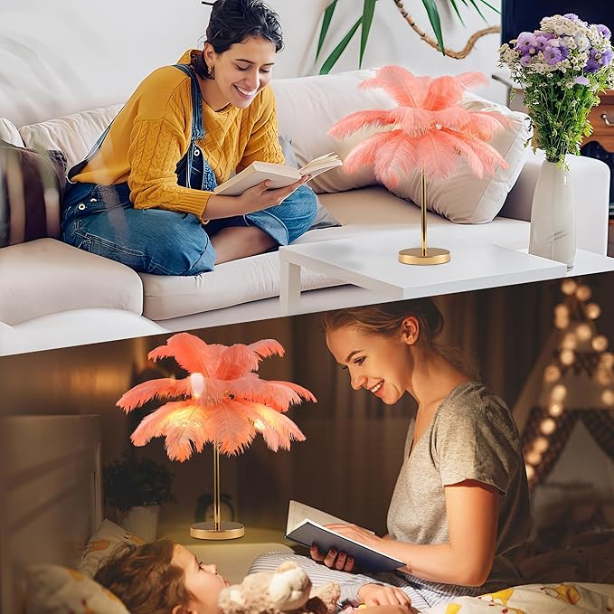 MAYOLA Modern Ostrich Feather Table Lamp with Plug in Wire,3-Light Bedside Floor Lamp for Living Room, Bedroom and Office 24” Tall Feather Desk Lamp (Pink, Table Lamp-Metal) - Bloomnest